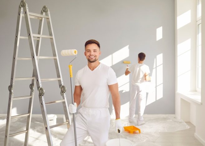 Young,Cheerful,Happy,Professional,Painter,With,Paint,Roller,In,Hands