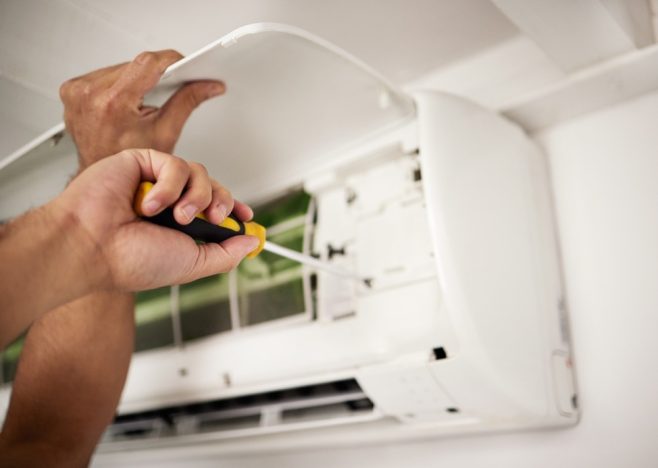 Maintenance,,Air,Conditioner,And,Hands,Of,Man,With,Screwdriver,Working